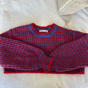 Zara red and blue stripe cropped knit sweater with balloon sleeves
